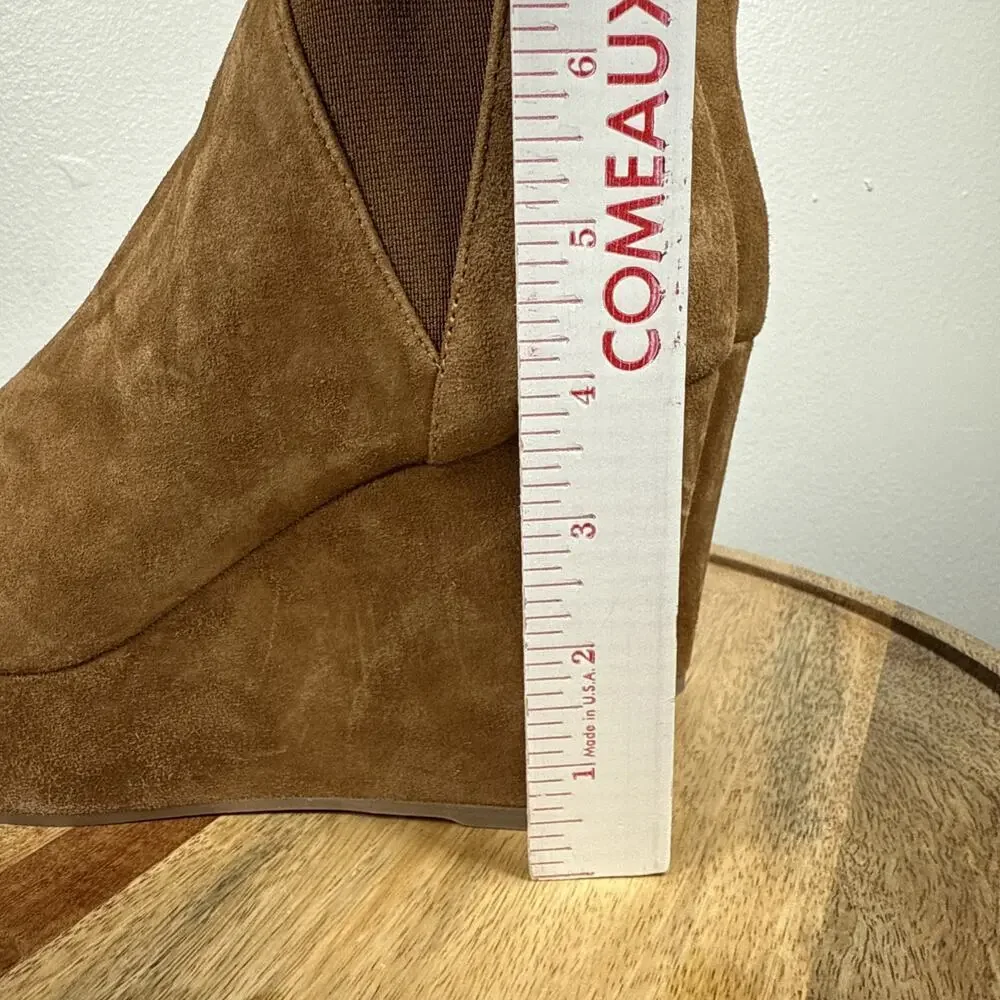 Dee Keller Suede Open Toe Pull On Platform Wedges‎ Caramel Size 38 Italy